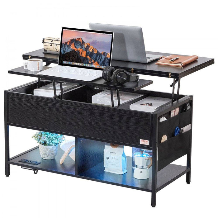 Retro-style wooden coffee table with hidden storage compartment and two open storage layers