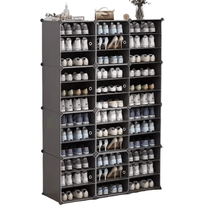 Black 3x12 Tier Clear Door Multi-Cube Shoe Rack Organizer Stackable Storage Cabinet made of durable PP plastic panels with a metal frame, eco-friendly and free of toxic chemicals, with a total capacity of 24-48 pairs of shoes, each cube measuring 35 cm (L) x 35 cm (H) x 45 cm (D) and a total unit dimension of 90 cm (L) x 30 cm (W) x 150 cm (H), waterproof and dust-resistant with easy-to-clean panels and doors with hole handles for convenience and airflow