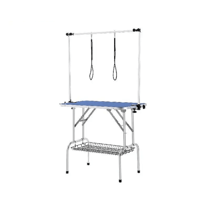 Foldable pet grooming table with two arms and clamp for small to medium dogs