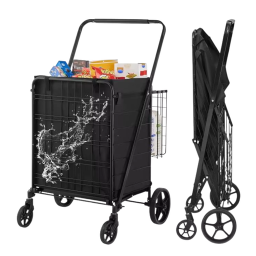 Folding shopping cart with large front and back baskets