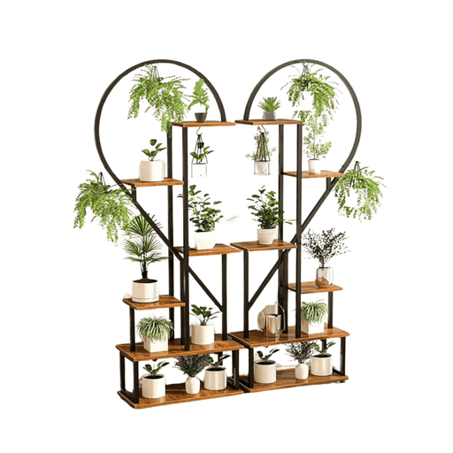 6-Tier wood and metal heart-shaped plant stand for indoor/outdoor display in rustic brown