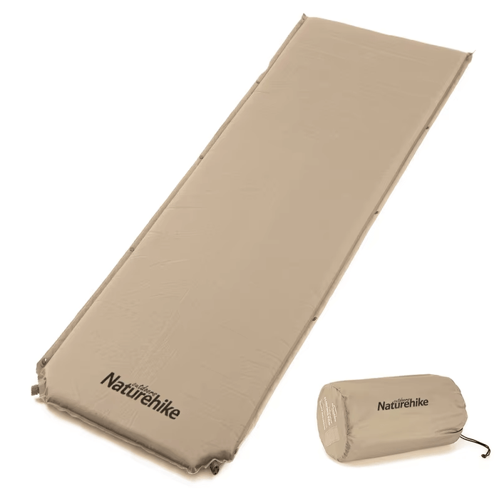 Self-inflating camping mattress in khaki, portable foam sleeping mat for tents