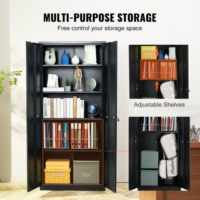 Black metal storage cabinet with wheels, locking doors, adjustable shelves