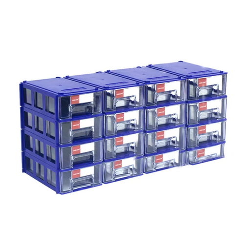 
Mini stackable storage bins in blue for small tools and screws