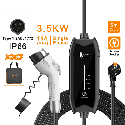 Portable EV Charger, Adjustable with 5m Cable for Electric Vehicles (Type1 3.5KW 16A) - FLUXA