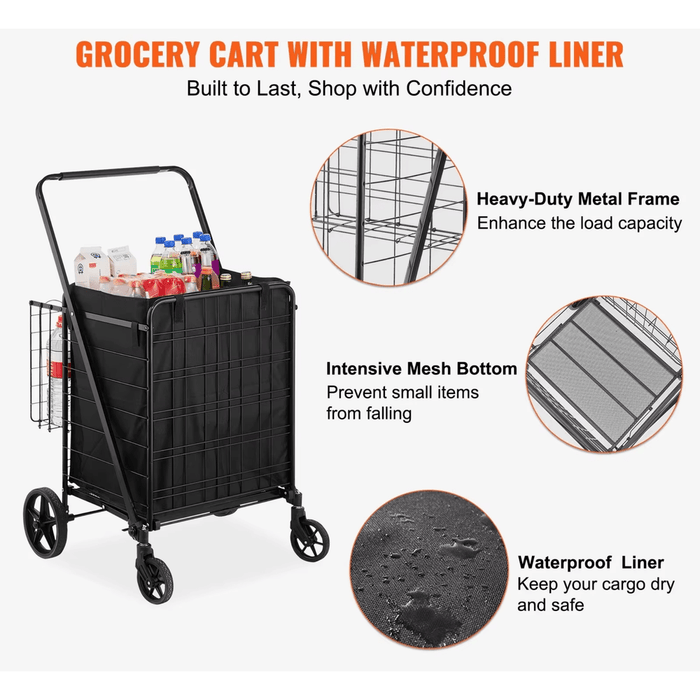 Folding Shopping Cart with Removable Waterproof Liner and 360° Swivel Wheels (150 kg Capacity) packaged contents including folding shopping cart, waterproof liner, assembly kit, and user manual