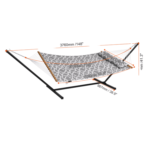 Two person hammock with stand and detachable pillow in grey and white color