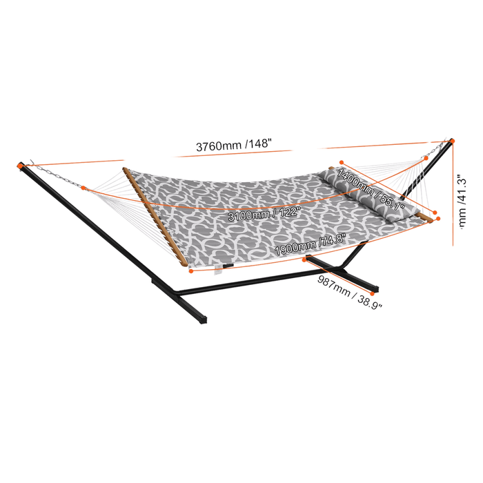 Two person hammock with stand and detachable pillow in grey and white color