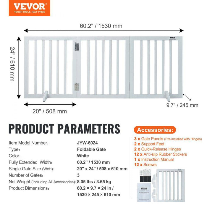 Practical and stylish dog gate with a white colour and user instructions included in the package
