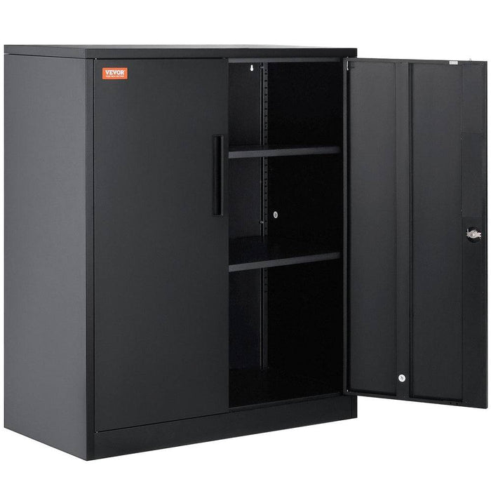 Spacious 190 cm metal storage cabinet with wheels, locking feature, magnetic doors, and adjustable shelves in black