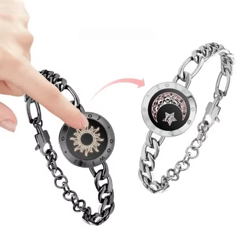 Figaro Black and Silver Long Distance Touch Light Up Vibrating Bracelets for Couples with touch-activated connection and secret messaging