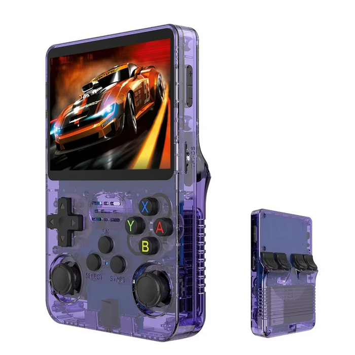 Package includes handheld gaming console, charging cable, and user manual