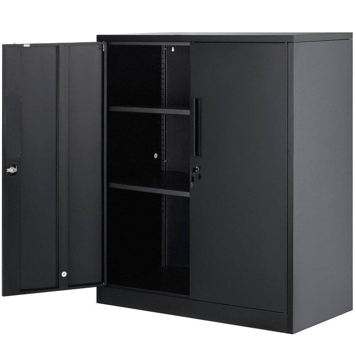Metal storage cabinet with wheels and locking doors, adjustable shelves