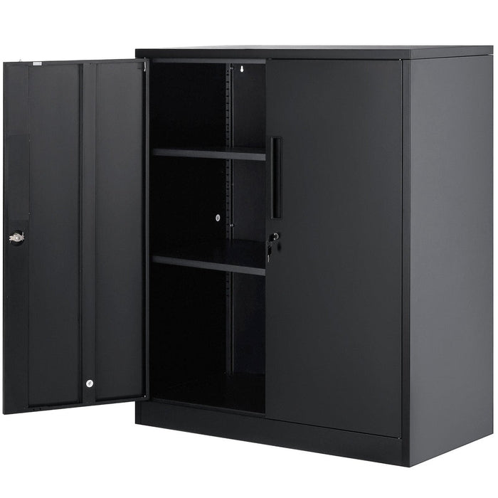 Metal Storage Cabinet with Wheels 190 cm - Locking Cabinet, 2 Magnetic Doors, 4 Adjustable Shelves, 90 kg Capacity (3 Layers-Black) product image with user-friendly locking system and magnetic doors