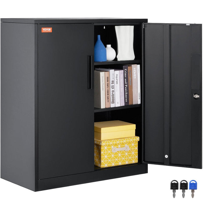 Metal Storage Cabinet with Wheels 190 cm - Locking Cabinet, 2 Magnetic Doors, 4 Adjustable Shelves, 90 kg Capacity (3 Layers-Black) product image with package contents of metal cabinet, shelves, castors, keys, and assembly instructions