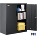 Metal Storage Cabinet with Wheels 190 cm - Locking Cabinet, 2 Magnetic Doors, 4 Adjustable Shelves, 90 kg Capacity (3 Layers-Black) product image with package contents of metal cabinet, shelves, castors, keys, and assembly instructions