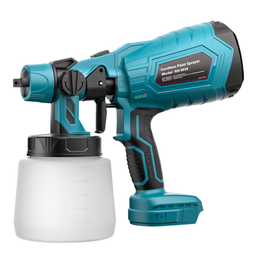 Cordless paint sprayer being used on a wooden fence