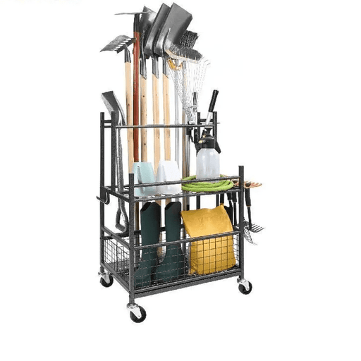 16-Slot Garden Tool Organizer with Hooks and Wheels, Long-Handled Tool/Rake Storage Rack for Garage