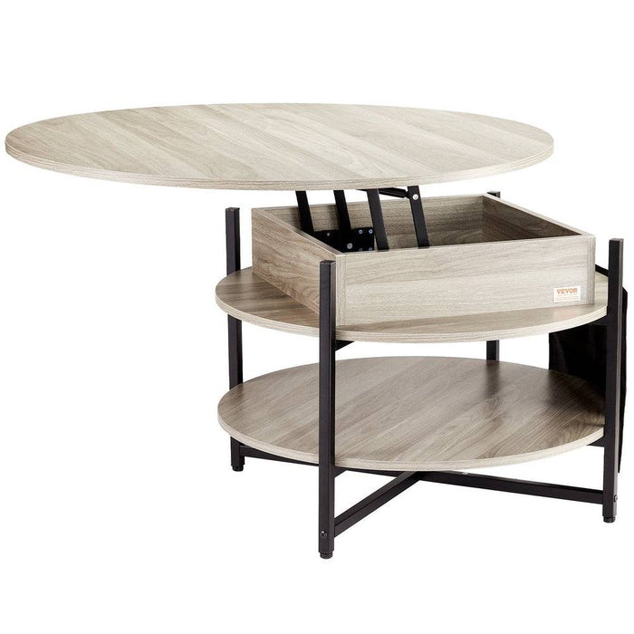 White round pop-up coffee table with ample storage space