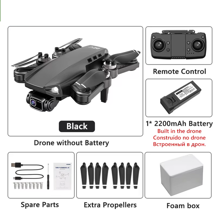 Includes L900 PRO drone, remote controller, USB charging cable, spare propeller blades, and user manual