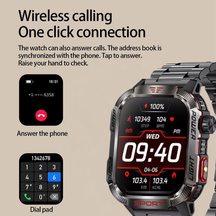 Waterproof Outdoor Smartwatch with Compass & Bluetooth Call – Black Steel