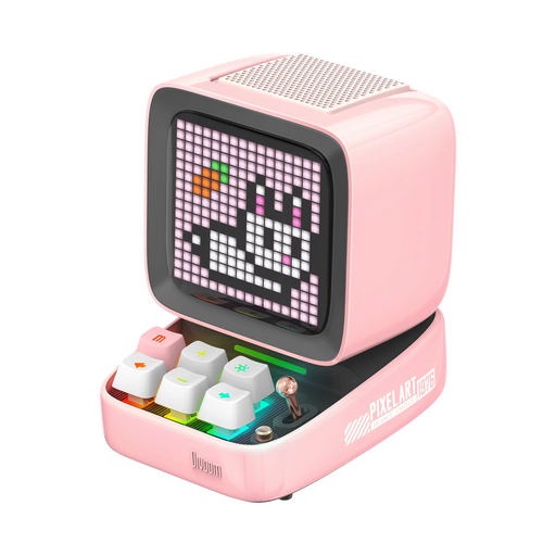Bluetooth desktop speaker in pink with pixel art display and alarm clock