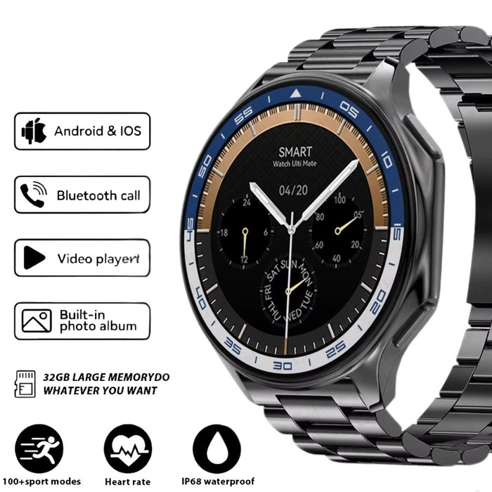 Black steel smart watch with 32GB storage, GPS, Bluetooth call, music and video player