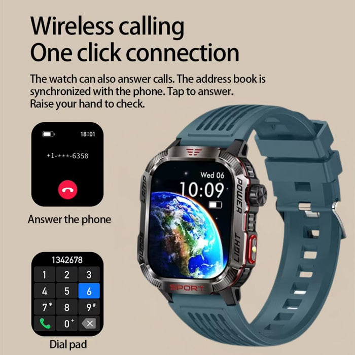 Waterproof Bluetooth Smartwatch with Compass & Flashlight – Blue
