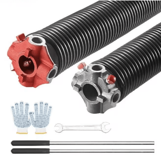 High carbon steel 82B and cast aluminum ADC12 garage door torsion springs with non-slip winding bars, gloves, and mounting wrench 