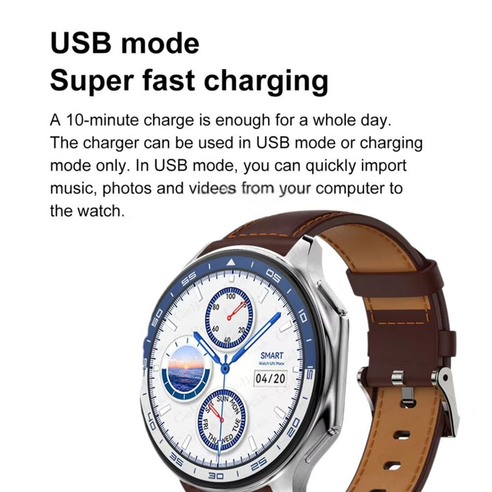 Leather smartwatch with 143 AMOLED display, 32GB storage, Bluetooth call, and TWS support in brown color