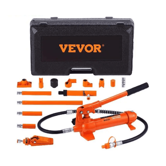 Hydraulic cylinder jack power frame repair & lifting tool kit for automotive and heavy equipment (4 ton) being used to lift a vehicle for maintenance