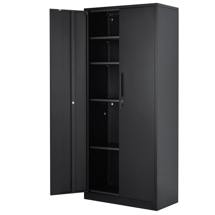 Black metal storage cabinet with locking doors, adjustable shelves, and wheels