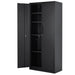 Black metal storage cabinet with locking doors, adjustable shelves, and wheels