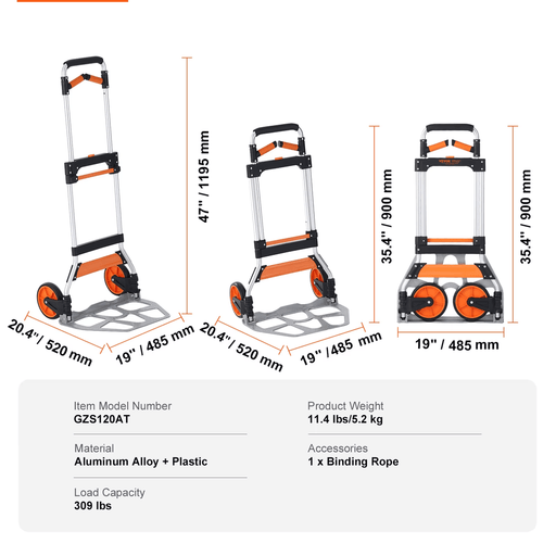 Portable dolly with durable construction and adjustable handle for heavy loads