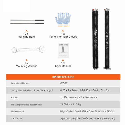  Pair of high-quality garage door torsion springs made from high carbon steel 82B and cast aluminum ADC12, offering exceptional durability and performance with over 16,000 cycles of extended lifespan and precision engineering