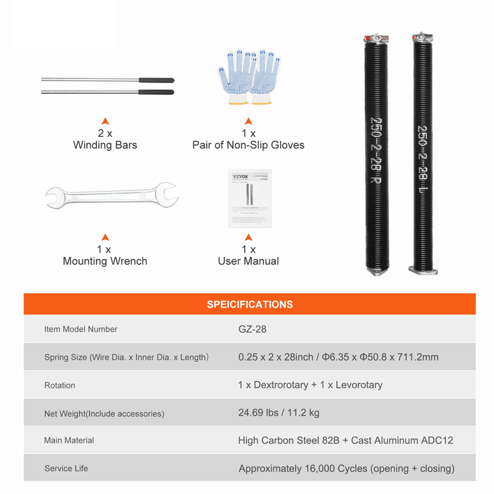  Pair of high-quality garage door torsion springs made from high carbon steel 82B and cast aluminum ADC12, offering exceptional durability and performance with over 16,000 cycles of extended lifespan and precision engineering