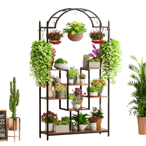 Tall arched plant stand with 5-tier multilayer shelf for indoor/outdoor display