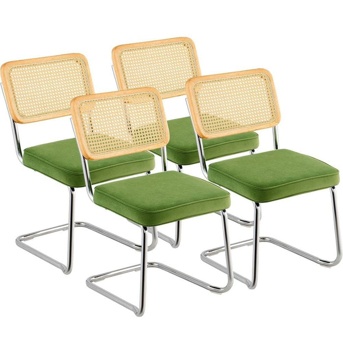 Mid-Century Modern Rattan Dining Chair with Velvet Upholstery and Wooden Frame
