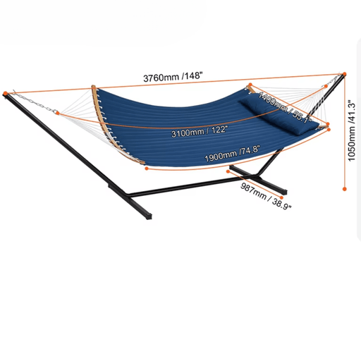 Two-Person Double Hammock with Stand in Blue, Quilted Polyester and Cotton Material, 190 x 140 cm Bed Size, 218 kg Weight Capacity, Curved Hardwood Spreader Bars, T-Shaped Steel Stand, and Detachable Pillow Included