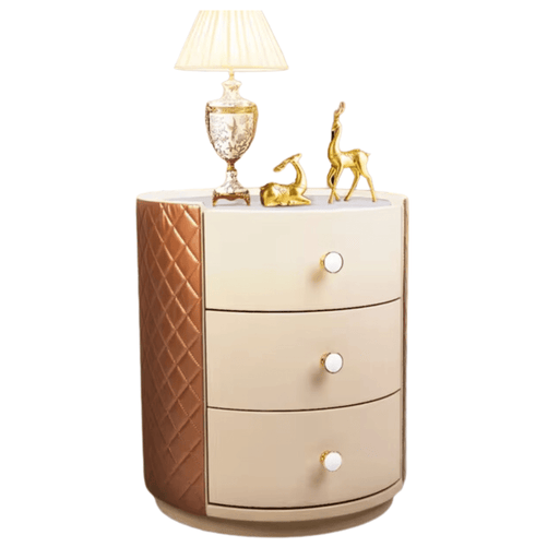 Modern Round Nightstand Bedside Table with 3 Storage Drawers in White, Light Brown, and Creamy White PVC Faux Leather Finish and Sintered Stone Top
