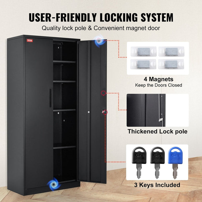 Metal storage cabinet with wheels and locking magnetic doors in black