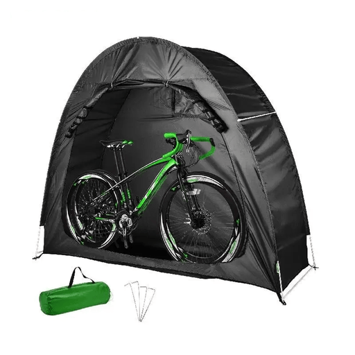 Sturdy and waterproof bike storage tent made of tear-resistant 420D PU2000 Oxford fabric Accommodates 2-4 adult bicycles and garden tools Ventilated windows for airflow and roll-up zipper door Quick setup and carry with ground nails and carry bag Can also be used as a shed for furniture cushions and firewood