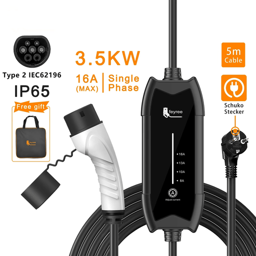 Portable EV Charger, Adjustable with 5m Cable for Electric Vehicles (Type2 3.5KW 16A) - FLUXA