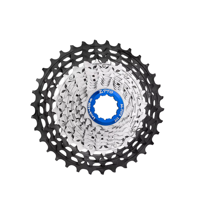 Close-up of 12-speed gear cluster made from high-strength 7075 aluminum and high-strength steel, designed for efficient power transfer and exceptional durability