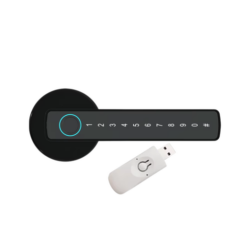 A black Fingerprint Door Lock BLE Digital Lock with multiple unlocking methods and WiFi gateway for remote access and monitoring