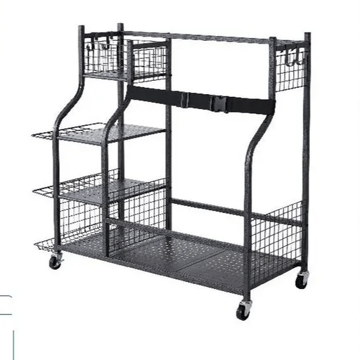 Multifunctional sports equipment garage organizer with wheels and metal wire basket