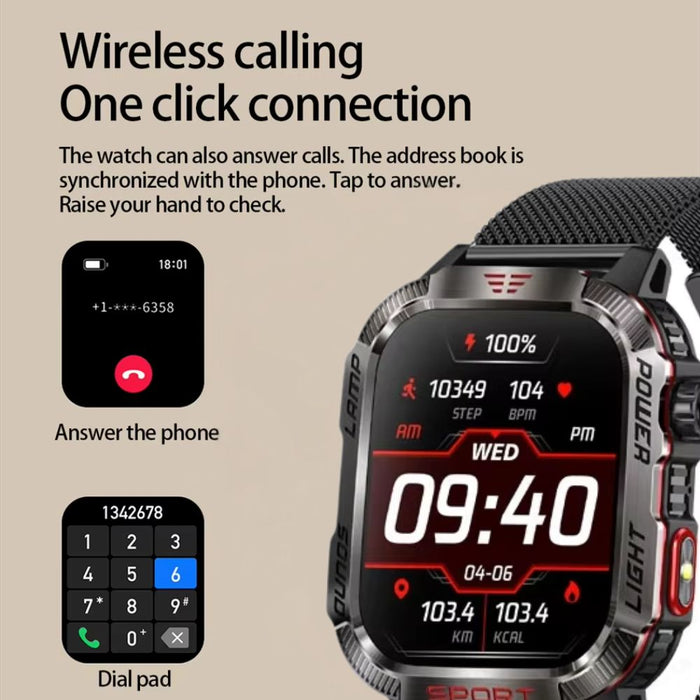 Waterproof Outdoor Smartwatch with Compass & Bluetooth Call – Black Mesh