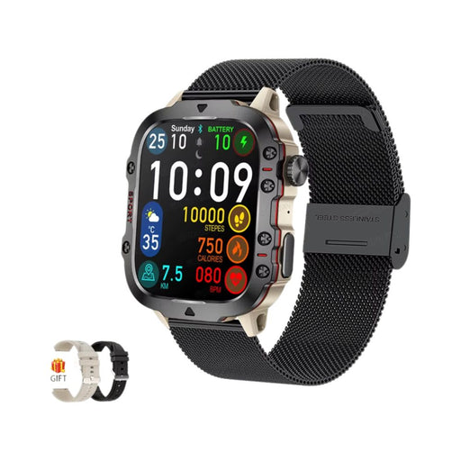Military Smart Watch Health Monitor 5ATM Black Mesh with Grey strap