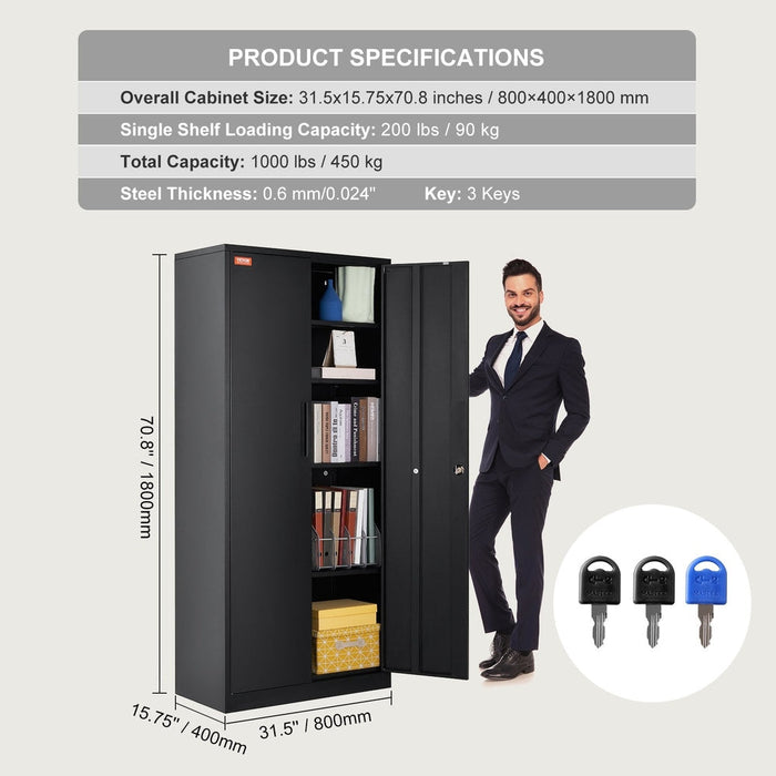 Metal storage cabinet with wheels and locking mechanism, 2 magnetic doors, 4 adjustable shelves, and 90 kg capacity in black color