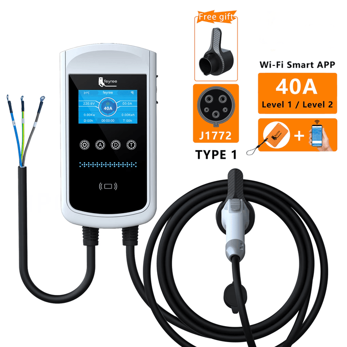 EV Charger Wall box 32A 50A 1-Phase, Smart APP Control Wall-Mounted Charging Station for Electric Vehicles - 40A - 96KW - 1Phase - Image showing the wall-mounted electric vehicle charging station with smart app control